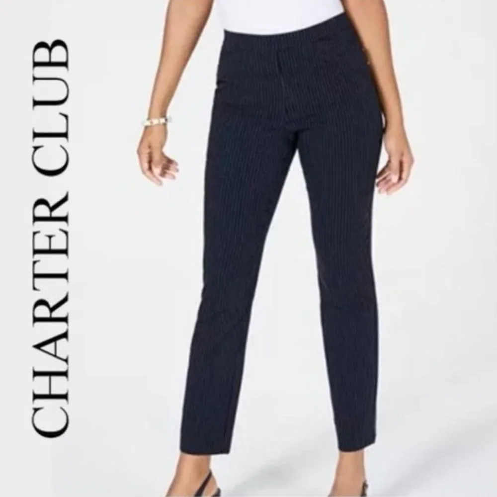 Charter Club Women Navy Blue Striped Slim-Leg Pull On Ankle Pants Size 12 NEW
